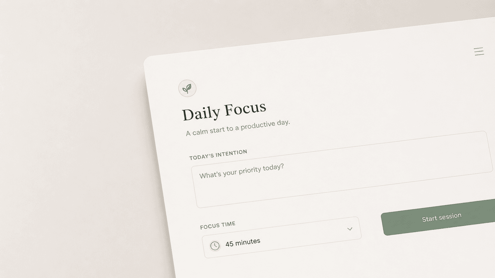 A minimal digital interface with generous whitespace, subtle card shadows, and a muted color palette — embodying the principles of calm, composed UI design.